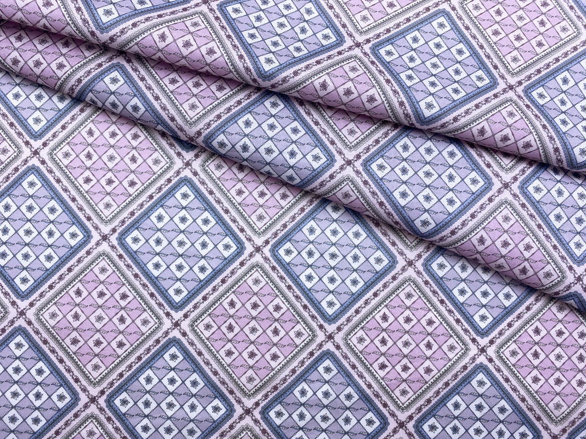 Ткань Батист  розового цвета с принтом   голубые ромбы 14283 1