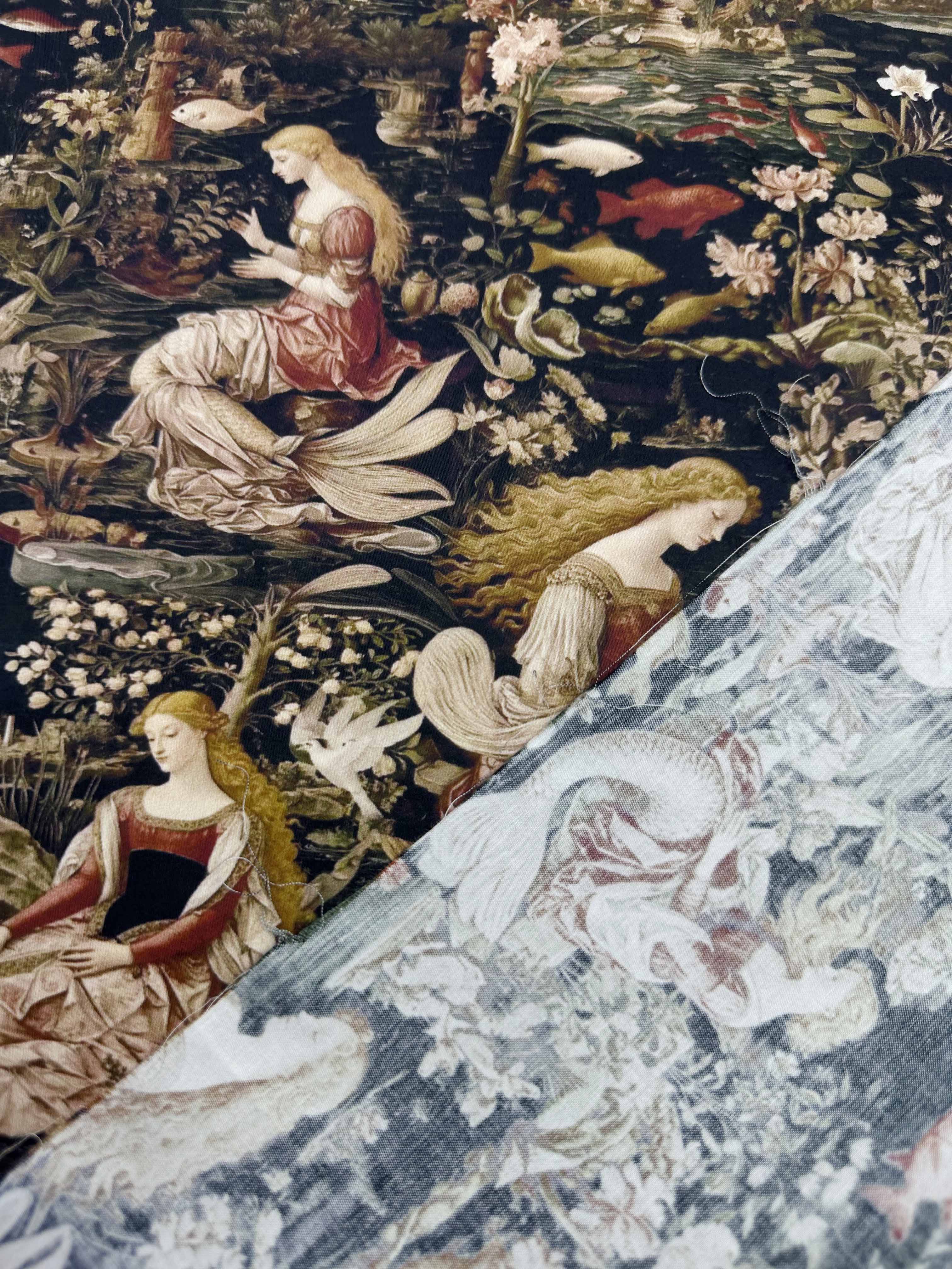 Ткань Хлопок черный с арт-принтом с русалками в стиле ренессанс 14499 4